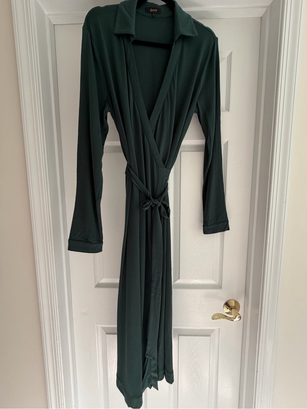Quince Silk Jersey Wrap Dress Long Sleeve Collared Evergreen Midi Large